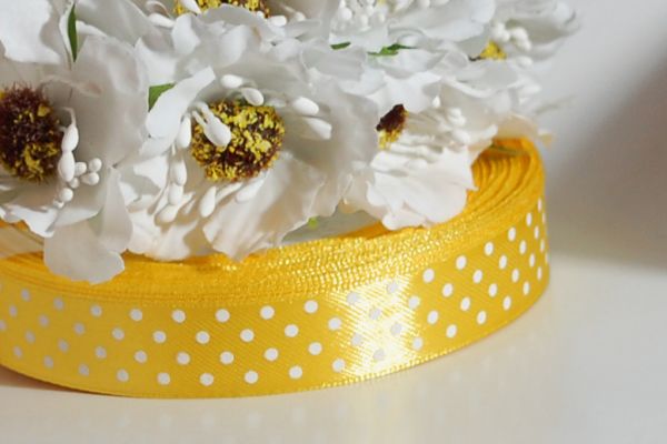 Стрічка атласна 15 мм Жовта в горошок 1 м